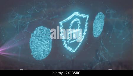 Immagine delle icone di lucchetto e impronte digitali con rete di connessioni su sfondo grigio Foto Stock