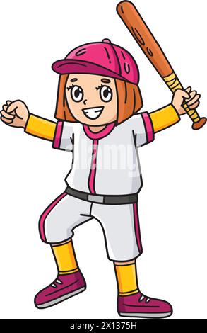 Ragazza giocando a baseball Cartoon Coloured Clipart Illustrazione Vettoriale