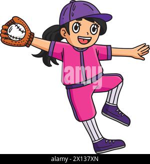 Ragazza che prende Baseball Cartoon Colored Clipart Illustrazione Vettoriale