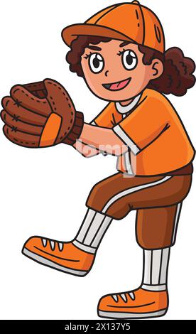 Ragazza che lancia baseball Cartoon Colored Clipart Illustrazione Vettoriale