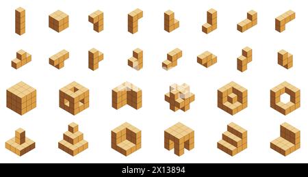 Cubetti isometrici in legno. Blocchi geometrici in legno di forme diverse, quadrati in legno 3D per l'educazione e l'intrattenimento dei bambini. Set isolato vettoriale Illustrazione Vettoriale