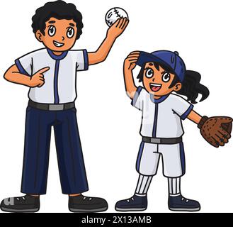 Baseball Girl Player e Parent Cartoon Clipart Illustrazione Vettoriale