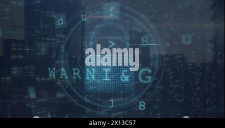 Immagine di più testi, scudo, nuvola, lettere, numeri, simboli su barre su sfondo blu Foto Stock