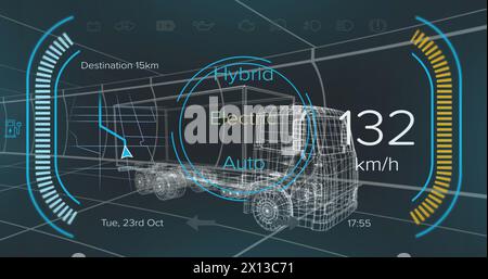 Immagine dell'interfaccia digitale per auto ed elaborazione dei dati sul modello 3d dell'auto Foto Stock