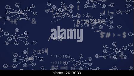 Immagine di una rete di icone di profilo e simboli matematici che cambiano su sfondo blu Foto Stock