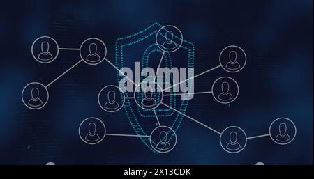 Immagine della rete di icone del profilo sull'icona del lucchetto di sicurezza su sfondo blu Foto Stock