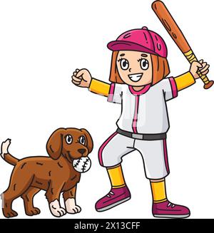 Ragazza che gioca a baseball con un Dog Cartoon Clipart Illustrazione Vettoriale