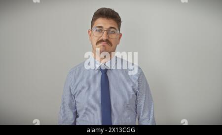 Ritratto di un serio giovane ispanico con occhiali e baffi vestiti con una camicia da lavoro e cravatta su sfondo bianco isolato. Foto Stock