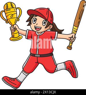 Ragazza con una mazza da baseball e trofeo Clipart Illustrazione Vettoriale