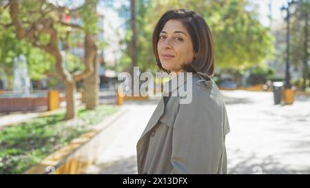 Una donna ispanica matura si trova con fiducia in un parco illuminato dal sole, trasuda eleganza e slancio. Foto Stock