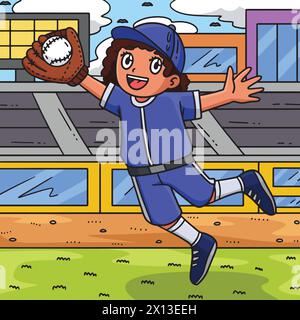 Ragazza Fielder che cattura il cartone animato colorato di baseball Illustrazione Vettoriale