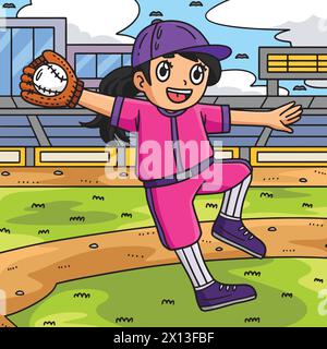 Ragazza che prende Baseball colorato Cartoon Illustrazione Vettoriale