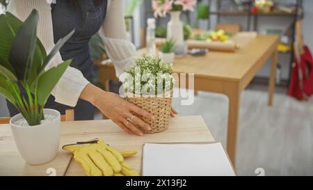 Una donna matura organizza una pianta in vaso in un luminoso negozio di fiori con varie piante ed elementi decorativi intorno a lei. Foto Stock