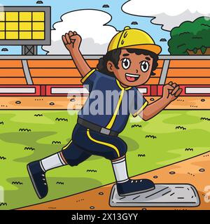 Baseball Girl Reaching base Colored Cartoon Illustrazione Vettoriale