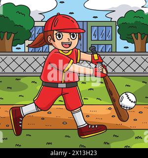 Ragazza che colpisce Baseball colorata illustrazione di cartone animato Illustrazione Vettoriale