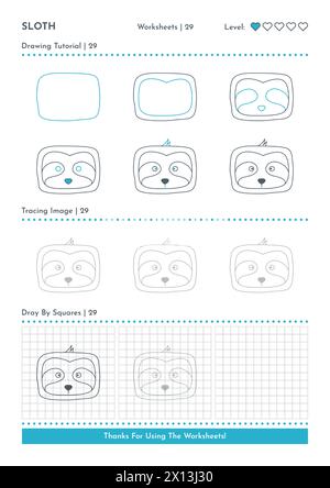 Come disegnare Doodle Animal Sloth, Cartoon Character Step by Step Drawing Tutorial. Fogli di lavoro attività per bambini Illustrazione Vettoriale