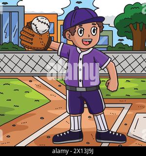 Illustrazione cartoni animati colorata Boy Raising Baseball Illustrazione Vettoriale