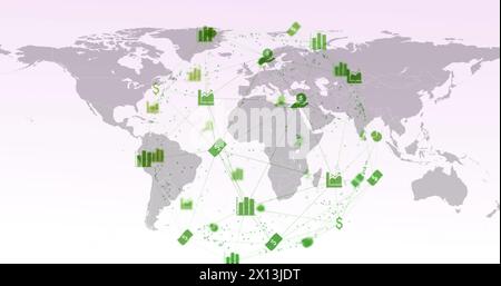 Immagine di una rete di collegamenti con icone che fluttuano su una mappa del mondo su uno sfondo bianco Foto Stock