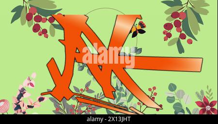 Immagine digitale di forme astratte su disegni floreali su sfondo verde Foto Stock