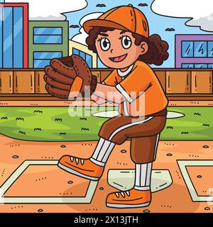 Ragazza che lancia Baseball colorata Cartoon Illustrazione Vettoriale