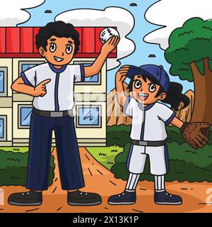 Baseball Girl Player e Parent Colored Cartoon Illustrazione Vettoriale
