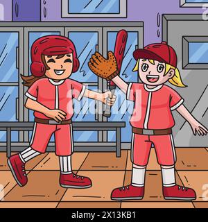 La compagna di squadra di baseball Colored Cartoon Illustrazione Vettoriale