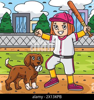 Ragazza che gioca a baseball con un cartone animato color cane Illustrazione Vettoriale