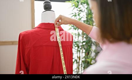 Donna sarta che misura l'indumento rosso su manichino in un'officina luminosa Foto Stock