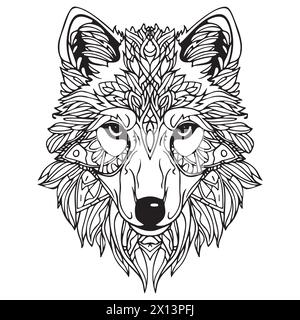 Pagina da colorare Mandala per adulti. Wolf Head Zen Spiritual relax Colouring Book Template. Illustrazione Vettoriale