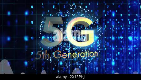 Immagine di 5g, 5a generazione, 6g, 6a generazione testo, frecce, puntini fluttuanti, triangoli Foto Stock