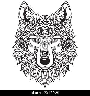 Pagina da colorare Mandala per adulti. Wolf Head Zen Spiritual relax Colouring Book Template. Illustrazione Vettoriale