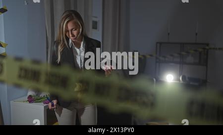 Una giovane donna bionda indaga su una scena del crimine al chiuso, con una torcia e un nastro di avvertimento in vista. Foto Stock