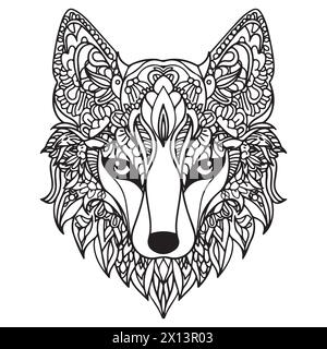 Pagina da colorare Mandala per adulti. Fox Head Zen Spiritual relax Colouring Book Template. Illustrazione Vettoriale