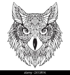 Pagina da colorare Mandala per adulti. Modello di libro colorante Owl Head Zen Spiritual relax. Illustrazione Vettoriale