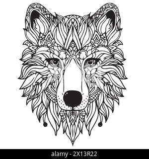 Pagina da colorare Mandala per adulti. Wolf Head Zen Spiritual relax Colouring Book Template. Illustrazione Vettoriale