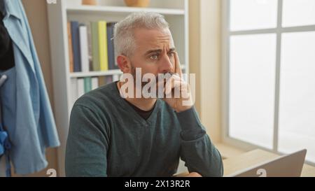 Un uomo adulto con la barba lavora sul suo portatile in un moderno salotto, mostrando un'espressione premurosa. Foto Stock
