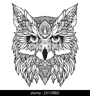 Pagina da colorare Mandala per adulti. Modello di libro colorante Owl Head Zen Spiritual relax. Illustrazione Vettoriale