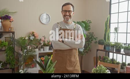 L'uomo barbuto con grembiule si trova in un negozio di fiori ben fornito, trasudando professionalità e cordialità. Foto Stock