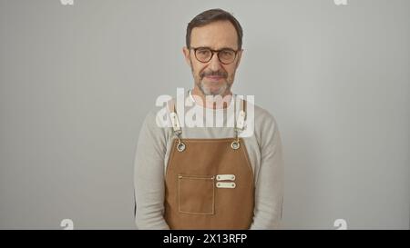 Un uomo maturo con gli occhiali e la barba, con un grembiule marrone, posa su uno sfondo bianco. Foto Stock