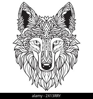 Pagina da colorare Mandala per adulti. Wolf Head Zen Spiritual relax Colouring Book Template. Illustrazione Vettoriale