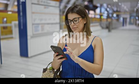 Bellissima donna ispanica con occhiali, al telefono, in attesa del suo viaggio in metropolitana alla stazione di ginza, in mezzo alla vivace vita cittadina Foto Stock