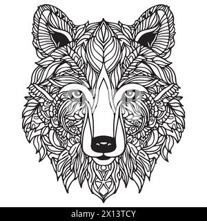 Pagina da colorare Mandala per adulti. Modello di libro colorante per il relax spirituale di Bear Head Zen. Illustrazione Vettoriale