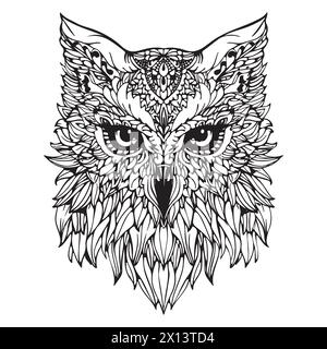 Pagina da colorare Mandala per adulti. Modello di libro colorante Owl Head Zen Spiritual relax. Illustrazione Vettoriale