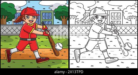 Ragazza che colpisce Baseball colorare l'illustrazione della pagina Illustrazione Vettoriale