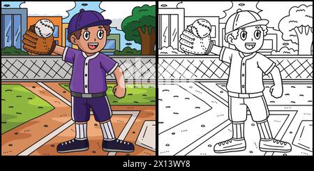 Illustrazione della pagina da colorare del baseball per bambini Illustrazione Vettoriale