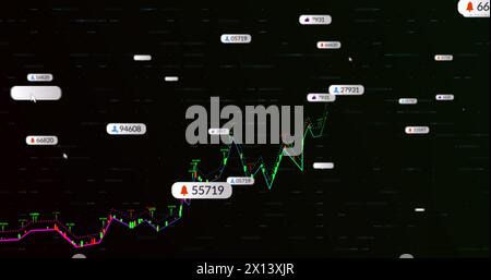 Immagine di barre di notifica e grafici multicolore con numeri variabili su sfondo nero Foto Stock