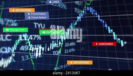 Immagine di barre di notifica, grafici e trading board su sfondo nero Foto Stock