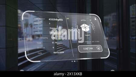 Immagine di un'interfaccia digitale con elaborazione dei dati su un paesaggio urbano Foto Stock