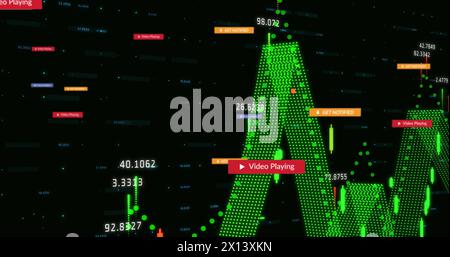 Immagine di barre di notifica, grafici multipli con numeri variabili su sfondo nero Foto Stock