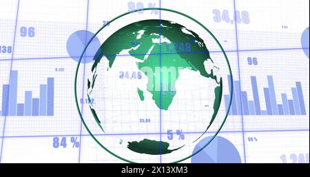 Immagine del globo rotante in cerchio con numeri e grafici variabili su sfondo bianco Foto Stock